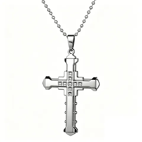 Collana con Pendente a Croce a Doppio Strato Hip Hop in Lega di Zinco con Strass Incastonati Catena a Sfere Gioielli Unisex