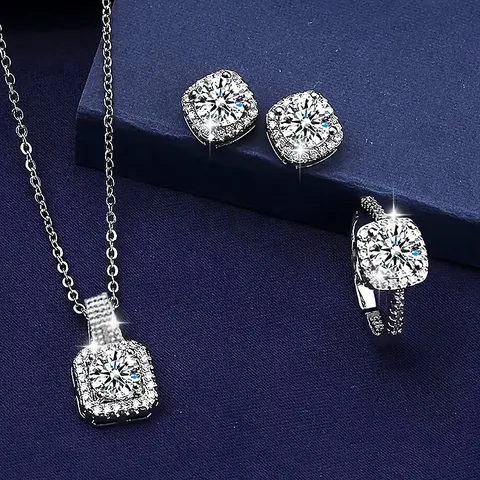 Elegantes Legierung Strass Schmuckset Quadratischer Halo Halskette Ohrstecker Ring Für Damen Hochzeit Party Luxus Schmuck Geschenk