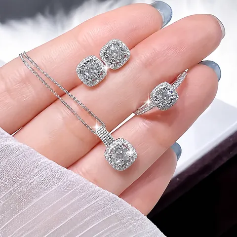 Elegantes Legierung Strass Schmuckset Quadratischer Halo Halskette Ohrstecker Ring Für Damen Hochzeit Party Luxus Schmuck Geschenk