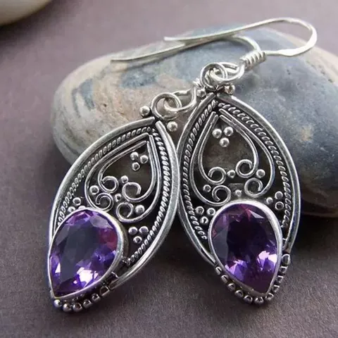 Vintage Bohemian Drop Earrings With Zircon Amethyst Hollow Out Filigree Design And Titanium Earring Post For Women