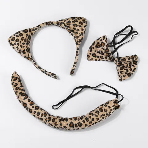 Halloween Leopard Cat Ears Headband Bow Tie Tail Tutu Skirt Set Animal Costume Cosplay Props Party Decoration For Unisex
