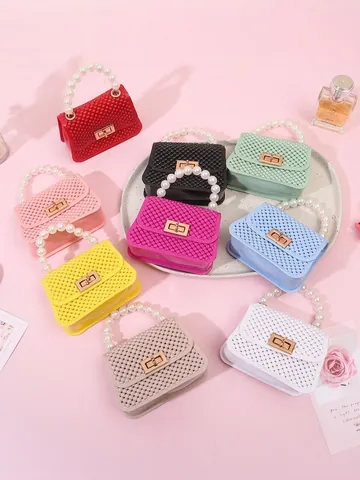 Women Candy Color Mini Jelly Handbag With Artificial Pearl Handle Fashion Diamond Pattern PVC Crossbody Bag Metal Chain
