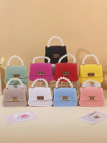 Women Candy Color Mini Jelly Handbag With Artificial Pearl Handle Fashion Diamond Pattern PVC Crossbody Bag Metal Chain