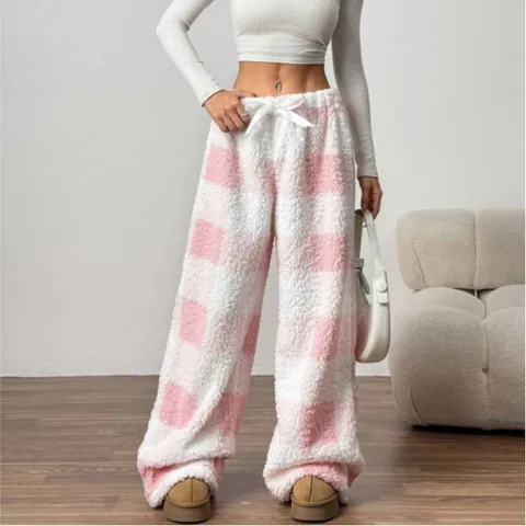 Women Plaid Wide Leg Pants High Waist Fleece Lined Warm Winter Loose Trousers With Bow Drawstring Casual Plaid Print Home Bottoms Polyester Thickened Pants