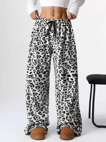 Women Leopard Print Wide Leg Pants High Waist Drawstring Loose Straight Lounge Trousers Casual Polyester Full Length Bottom