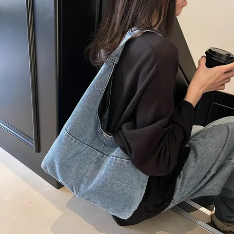 Women's Large Capacity Denim Canvas Tote Bag Minimalist Ins Style Washed Denim Shoulder Crossbody Bag With Wide Strap For Daily Commute