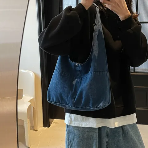 Women's Large Capacity Denim Canvas Tote Bag Minimalist Ins Style Washed Denim Shoulder Crossbody Bag With Wide Strap For Daily Commute
