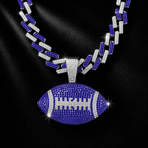 Hip Hop Colorful American Football Pendant Necklace Iced Out Gold Silver Plated Zinc Alloy Rhinestone Cuban Link Chain Men Street Jewelry Gift