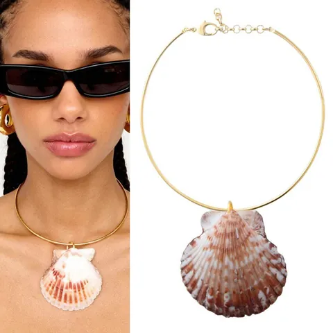 Natuursteen Kralen Schelp Hanger Halsketting Voor Vrouwen 18K Verguld Titanium Staal Boheems Strand Vakantie Sieraden