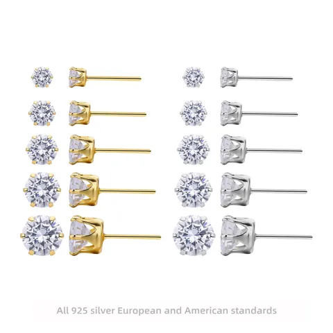 925 Sterling Silver Six Prong Stud Earrings For Women With Zirconia Moissanite Brilliant Round Cut Classic Jewelry Gift