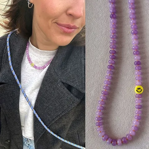 Nuevo Estilo Chino Collar Y Pulsera De Cuentas De Piedra Natural Calcedonia Morada Con Cara Sonriente Joyería De Acero Inoxidable Chapado En Oro Mujer