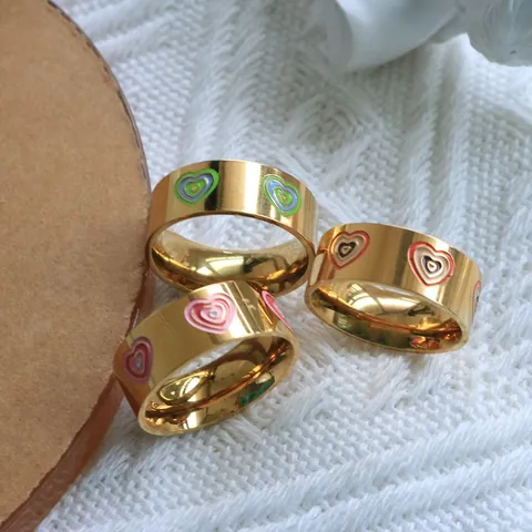 Fashion Stainless Steel Ring For Women Gold Plated Enamel Heart Star Taiji Pattern Retro Street Style Finger Jewelry Gift