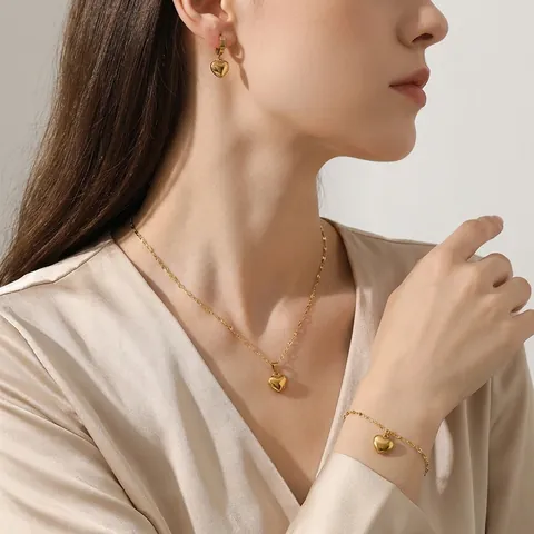 18K Vergoldet Edelstahl Herz Schmuckset Für Damen Minimalistisch Herz Halskette Armband Ohrringe Schmuckset Geschenk