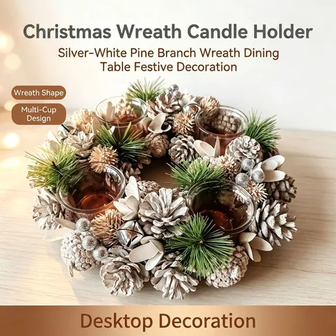 Christmas Wreath Candle Holder Tabletop Centerpiece With Glass Cups Pine Cones Berries For Xmas Halloween Party Home Decoration