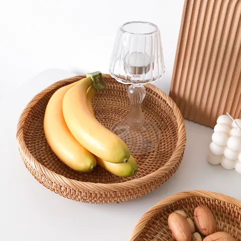 Cesta de Frutas de Ratán Tejida a Mano Vietnamita Redonda Estilo Pastoral Bandeja de Almacenamiento Cesta de Pan Decorativa Para Hogar