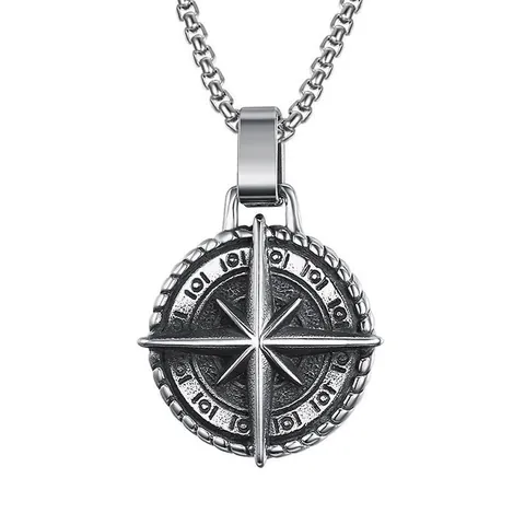 Vintage Compass Prajna Mask Pendant Necklace Stainless Steel Box Chain Punk Hip Hop Jewelry For Men Women Daily Party Accessory