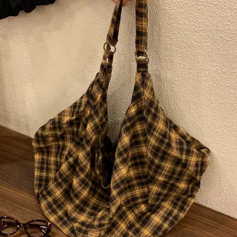 Sac Cabas en Toile à Carreaux Rétro Coréen Pour Femmes Sac Hobo Grande Capacité Sac à Main de Trajet Sac à Épaule Jaune Carreaux