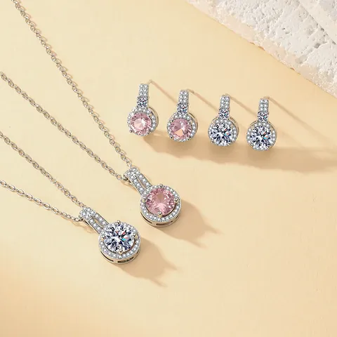 Korean Style Fashion Round Halo Zirconia Jewelry Set Copper Silver Plated Pave Zircon Necklace Stud Earrings For Women Wedding Party