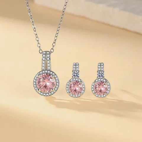 Korean Style Fashion Round Halo Zirconia Jewelry Set Copper Silver Plated Pave Zircon Necklace Stud Earrings For Women Wedding Party