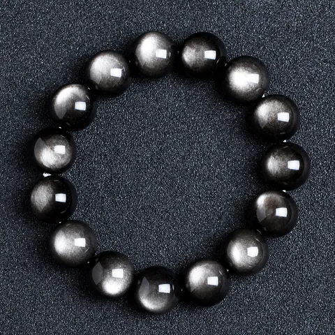Pulsera de Obsidiana Plateada Natural Cuentas Redondas Efecto Ojo de Gato Pulsera Elástica de una Vuelta Joyería de Moda Unisex