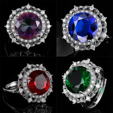 European American Luxury Large Flower Cocktail Ring Inlaid Zirconia Gold Plated Copper Adjustable Open Finger Ring Women Jewelry
