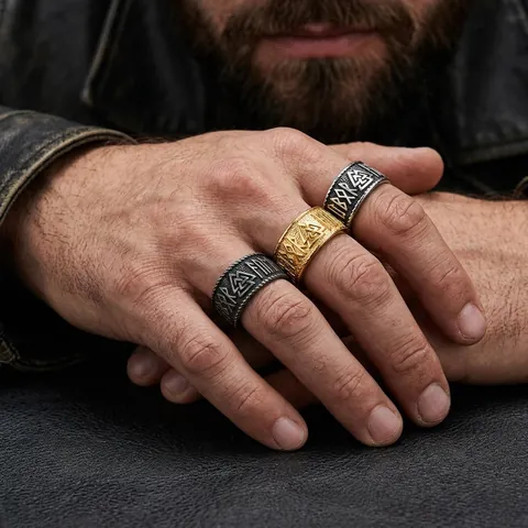 Anello in Acciaio Inossidabile con Rune Vichinghe Vintage per Uomo Simbolo di Odino Valknut Anello da Guerriero Retro Punk