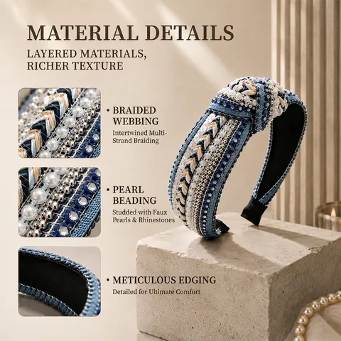 Wide Twisted Knot Headband Fabric With Faux Artificial Pearls Sequins Rhinestones Ethnic Vintage Christmas Hair Accessory For Women