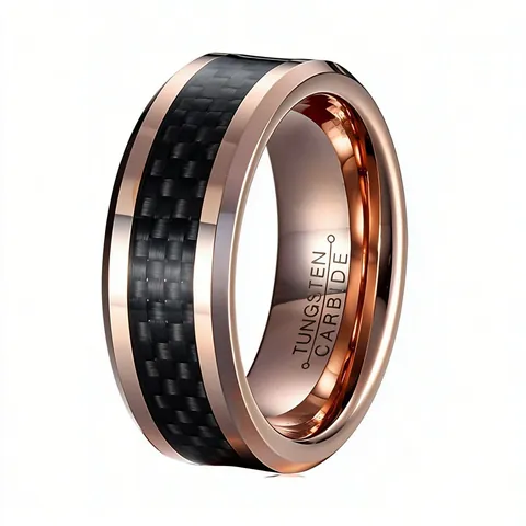 Men's Tungsten Carbide Ring With Black Carbon Fiber Inlay Rose Gold Edge High Polished Wedding Band Finger Ring Men Jewelry