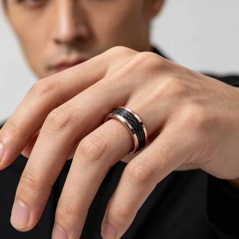 Men's Tungsten Carbide Ring With Black Carbon Fiber Inlay Rose Gold Edge High Polished Wedding Band Finger Ring Men Jewelry