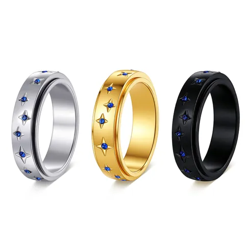 Roestvrij Staal Ster Blauwe Strass Spinner Ring Roterende Angstverlichting Sterrenbeeld Band Mode Sieraden Unisex Ring