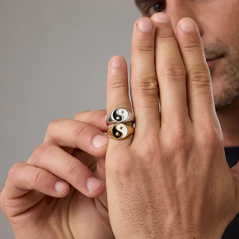 Anello con Sigillo Yin Yang Tai Chi in Acciaio Inossidabile Per Uomo Donna PVD Placcato Oro Smalto Vintage Gioielli