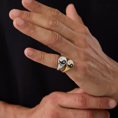 Anello con Sigillo Yin Yang Tai Chi in Acciaio Inossidabile Per Uomo Donna PVD Placcato Oro Smalto Vintage Gioielli