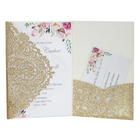 European Laser Cut Glitter Paper Wedding Invitations Set Hollow Greeting Cards For Engagement Marriage Celebration Party Supplies