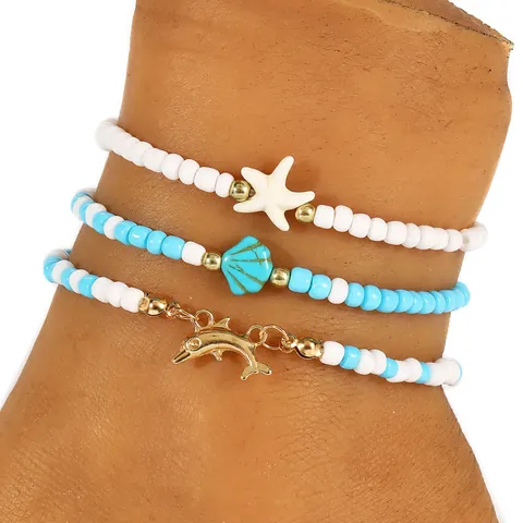Ensemble de Chevillères à Perles Bohème pour Femmes Pendentifs Étoile de Mer Tortue Coquillage Thème Océan Bijoux de Plage Été