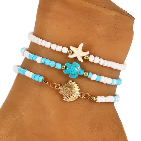 Ensemble de Chevillères à Perles Bohème pour Femmes Pendentifs Étoile de Mer Tortue Coquillage Thème Océan Bijoux de Plage Été