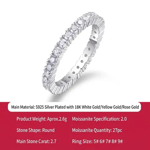 S925 Sterling Silver Full Eternity Moissanite Ring For Women D Color 3EX Brilliant Cut Stackable Band Jewelry Finger Ring