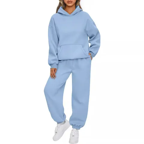Damen Oberteil und Hose Casual Hoodie und Jogginghose Set Einfarbig Locker Sportbekleidung Warmer Trainingsanzug