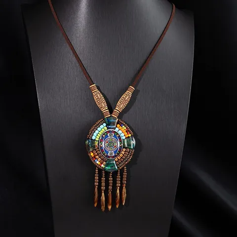 Bohemian Ethnic Pendant Necklace Long Retro Tassel Wood Bead Ceramic Alloy Sweater Chain Jewelry For Women