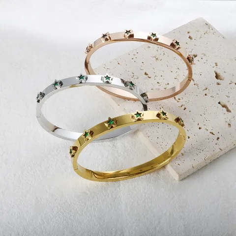 Stainless Steel Star Rhinestone Bangle For Women Fashion Electroplated Inlaid Hinged Star Cuff Bracelet Jewelry Gift