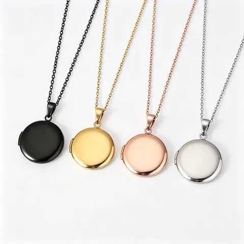 Stainless Steel Round Locket Necklace Photo Holder Pendant Memorial Geometric Polished Necklace For Women Men Jewelry Gift