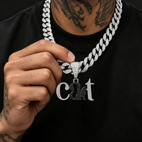 Hip Hop Zinc Alloy Full Rhinestone CAT Letter Pendant Necklace For Men Women Iced Out Cuban Link Chain Street Jewelry