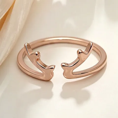 Antler Open Ring Stainless Steel Rose Gold Plated Adjustable Minimalist Reindeer Deer Horn Finger Ring For Women Jewelry Gift