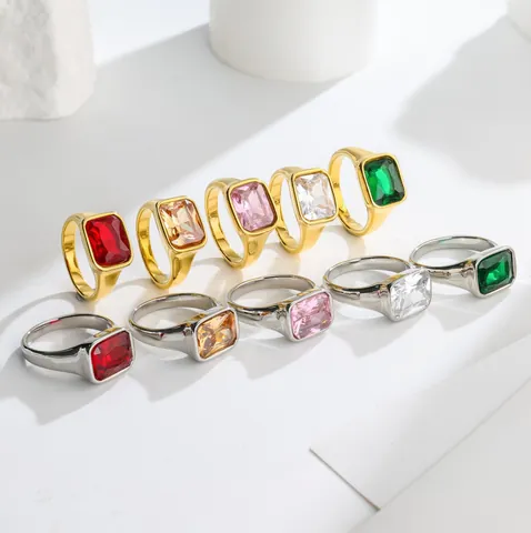 Elegant Emerald Cut Square Zirconia Stainless Steel Ring For Women Retro Gold Silver Plated Geometric Jewelry Finger Ring
