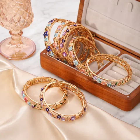 Vintage Hollow Out Enamel Flower Bangle Stainless Steel 18K Gold Plated Cloisonne Floral Bracelet For Women Ethnic Style Jewelry