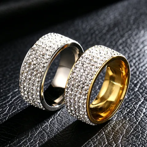 Luxury Stainless Steel Broad Band Ring For Women Men Full Rhinestone Pavé Wedding Engagement Party Fashion Jewelry Gold Silver Plated Band Ring