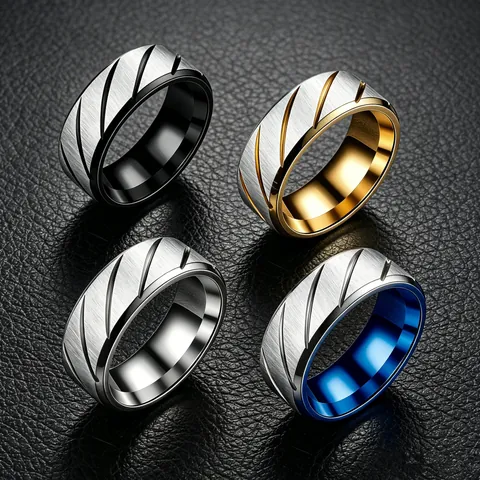 Brushed Titanium Steel Men Ring Modern Industrial Two Tone Diagonal Groove Finger Ring Simple Fashion Jewelry Gift For Men