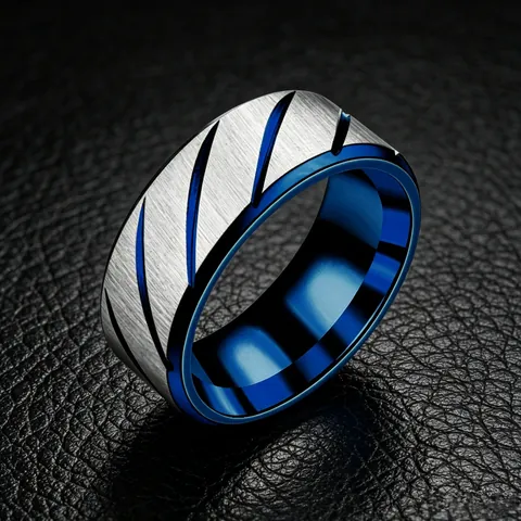 Brushed Titanium Steel Men Ring Modern Industrial Two Tone Diagonal Groove Finger Ring Simple Fashion Jewelry Gift For Men