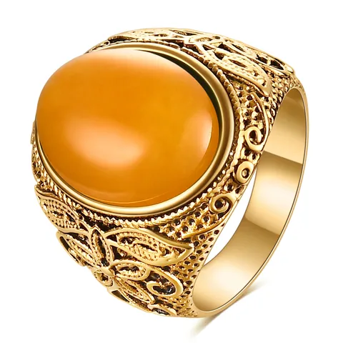 Bague en Acier Inoxydable 304 Pierre Naturelle Vintage pour Femmes Hommes Bague Moulée Creuse Gravée Florale Bijoux Ethniques