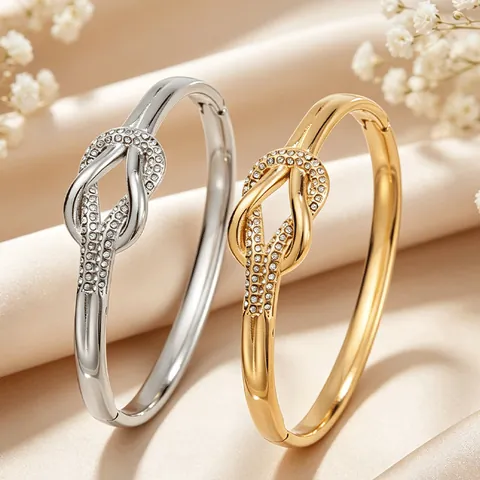 Bracelet Jonc Nœud en Acier Inoxydable Plaqué Or 18K Avec Zircone Cubique Nœud d'Amour Ajouré pour Femme Bijoux de Luxe Vintage Cadeau