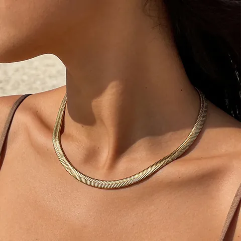 Collier Chaîne Plate à Chevrons Minimaliste Pour Femmes Plaqué Or Argent Cuivre Choker en Os de Serpent Bijoux